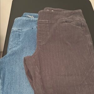 Belle by Kim Gravel Blue and Gray Denim Jeans with diagonal hem seam.